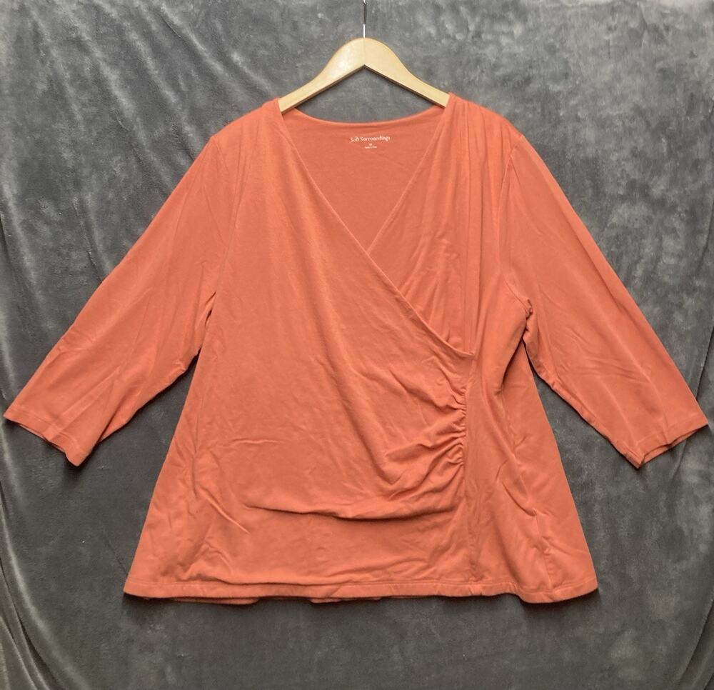 Soft Surroundings Alyssa Knit Top Women 3X Orange Shapely Surplice Ruched-AS IS